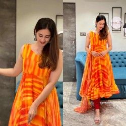 Orange and yellow strip print anarkali suit